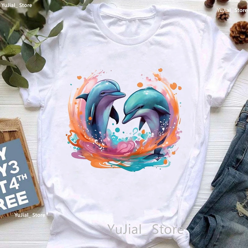 

Watercolor Dolphin Love Printed Tshirt Women'S Clothing Harajuku Kawaii T Shirt Femme Summer Fashion Short Sleeve T-Shirt