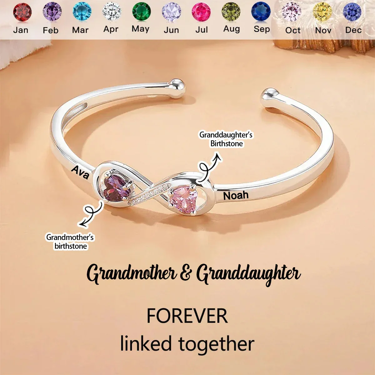

Personalized Infinite Bangle - Custom Engraved Birthstones & Names Bracelet, Gift For Her