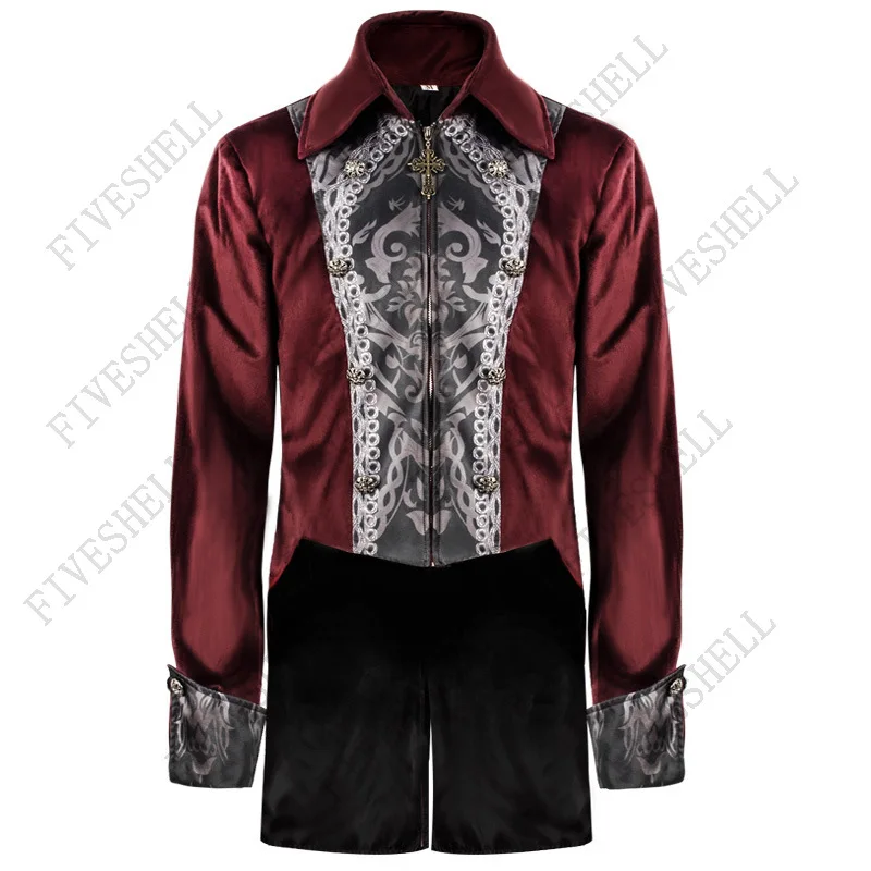 Jaqueta de manga comprida gótica vitoriana masculina, casaco vintage smoking, traje cosplay de Halloween, steampunk medieval, uniforme com zíper