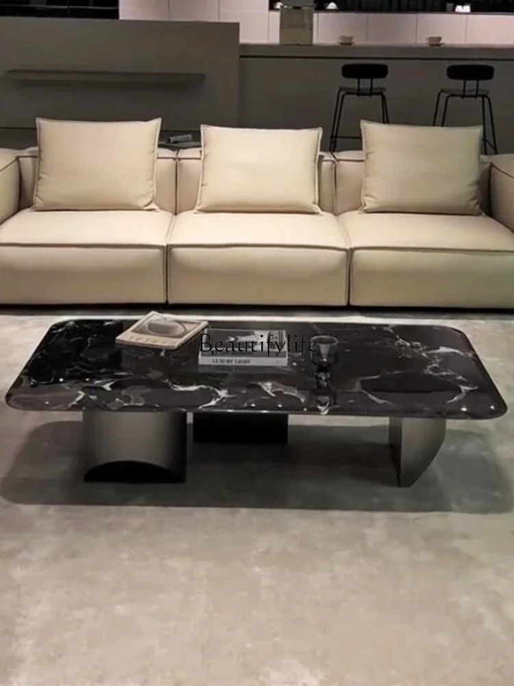 Light luxury natural marble black rose high-end stainless steel rectangular luxury stone suspended coffee table