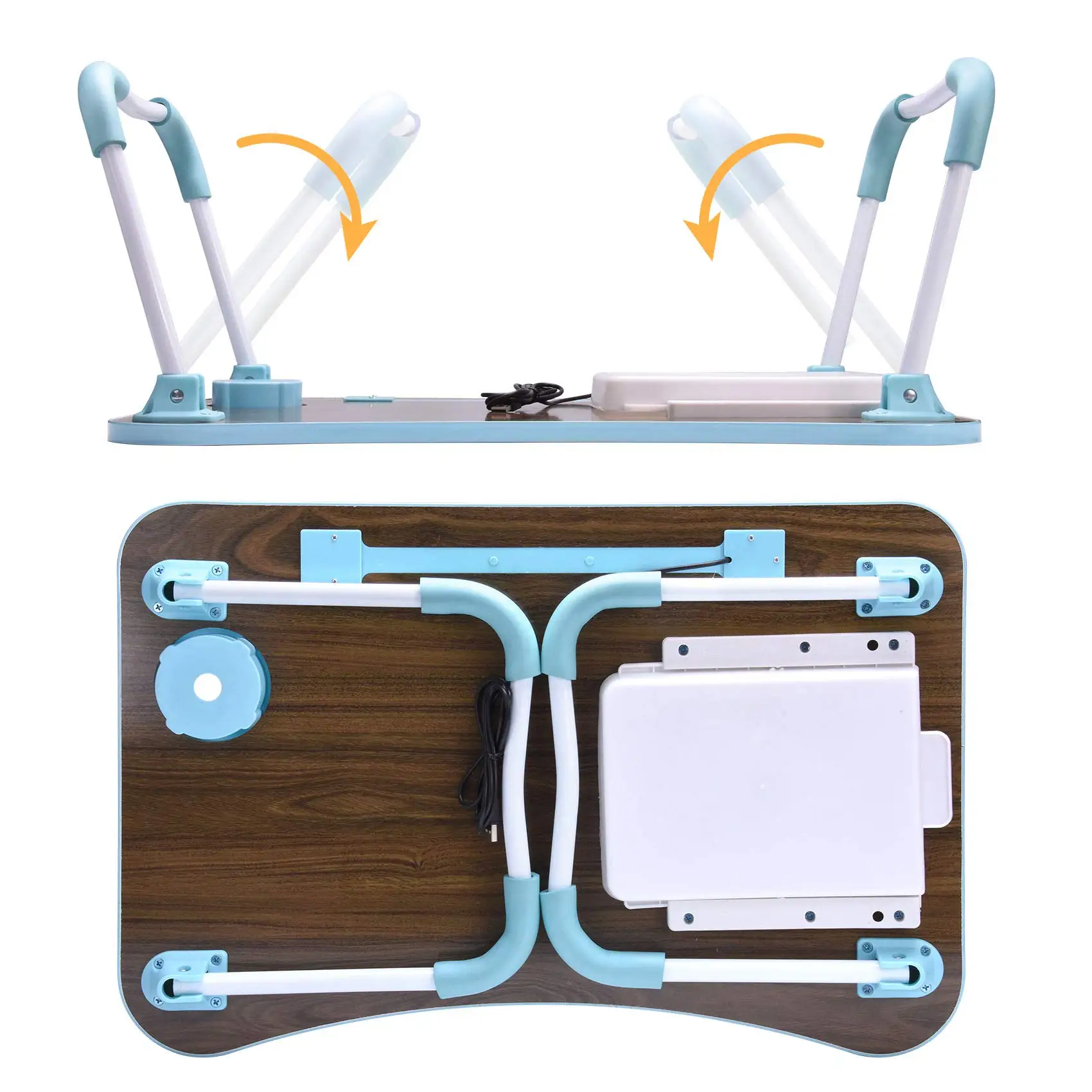 Portable Laptop Desk with USB Light, Small Fan, Cup Holder, Tablet Slot, and Lifting Handle - Foldable Laptop Table for Working