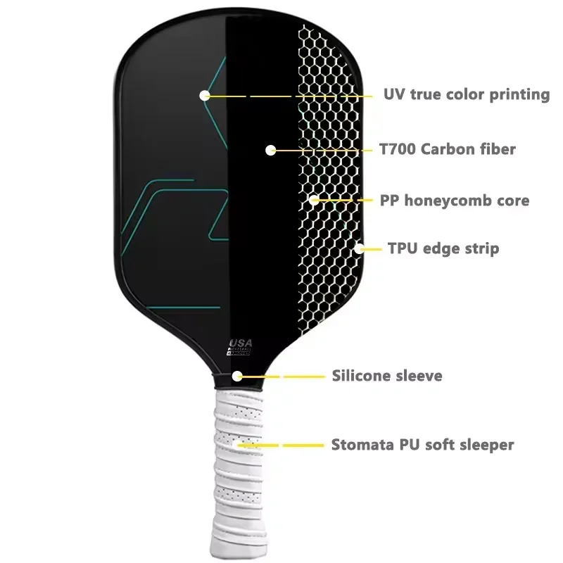 

Pickleball Paddle T700 Круглая/прямая доска из необработанного углеродного волокна, одобренная USAPA, термоформованная текстурированная поверхность Unibody Spin с