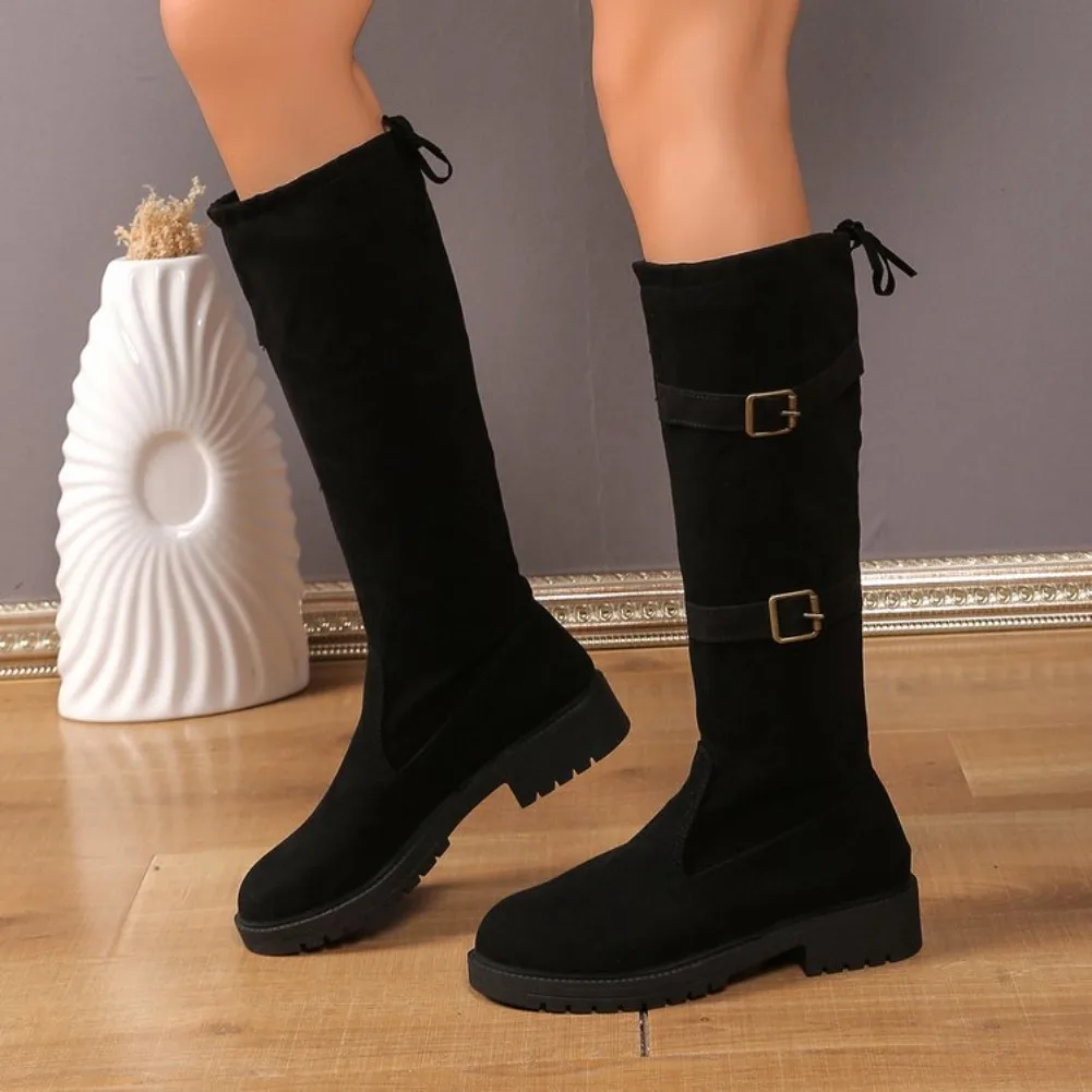 Modische Schnallen-Dekorations-Kniehohe Stiefel für Damen 2025 Herbst Einfarbige Slip-on-Stiefel mit Schleifendesign Modische Stiefel – Detail 11