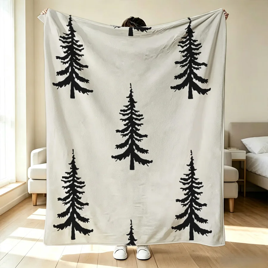 1PC hand-painted Christmas trees pattern flannel blanket, black line 2D single-sided printed holiday sofa bed decorative blanket