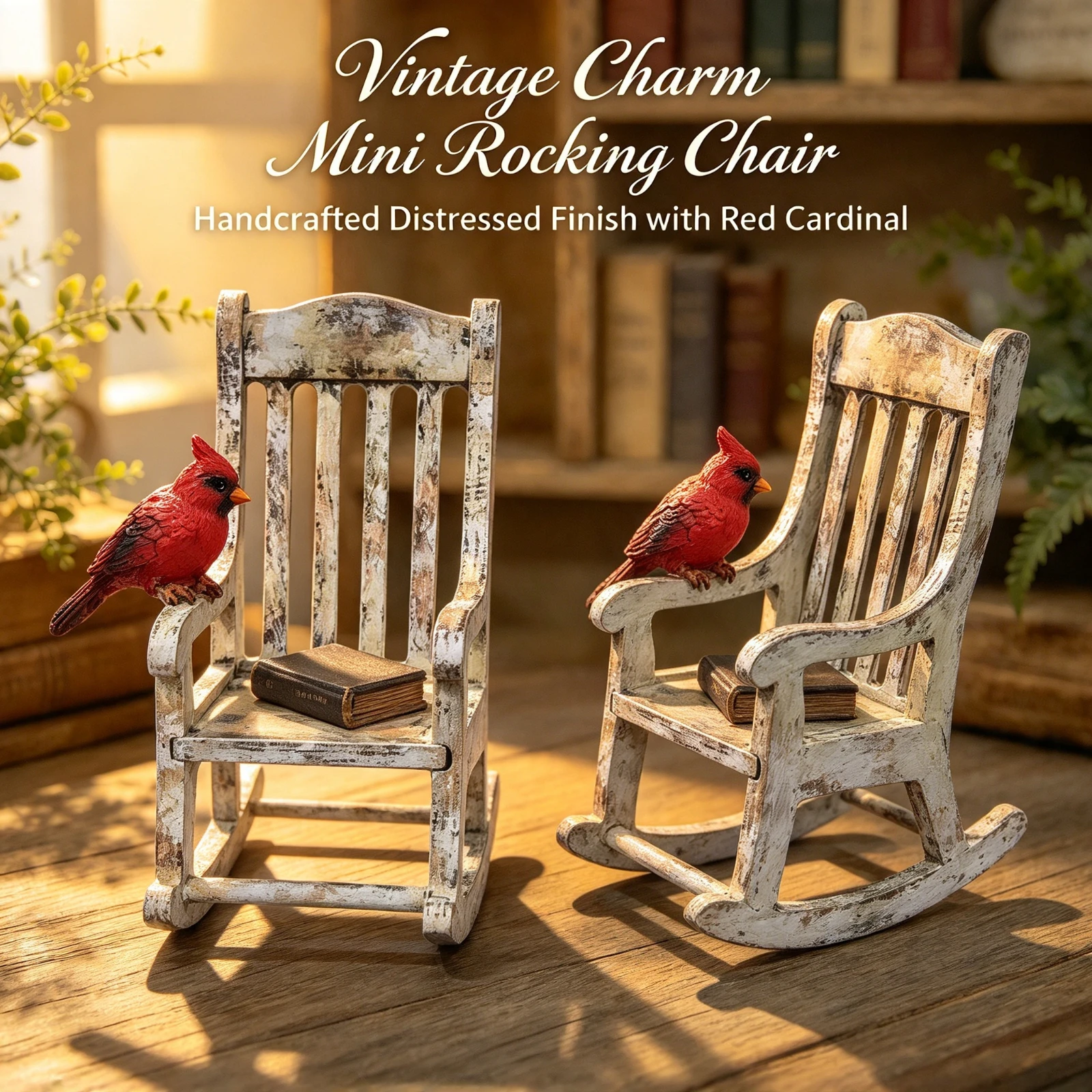 Vintage Miniature Rocking Chair Figurine, Artificial Cardinal Bird Statue Rustic, Memorial Home Decor Gift Ornament, Table Top