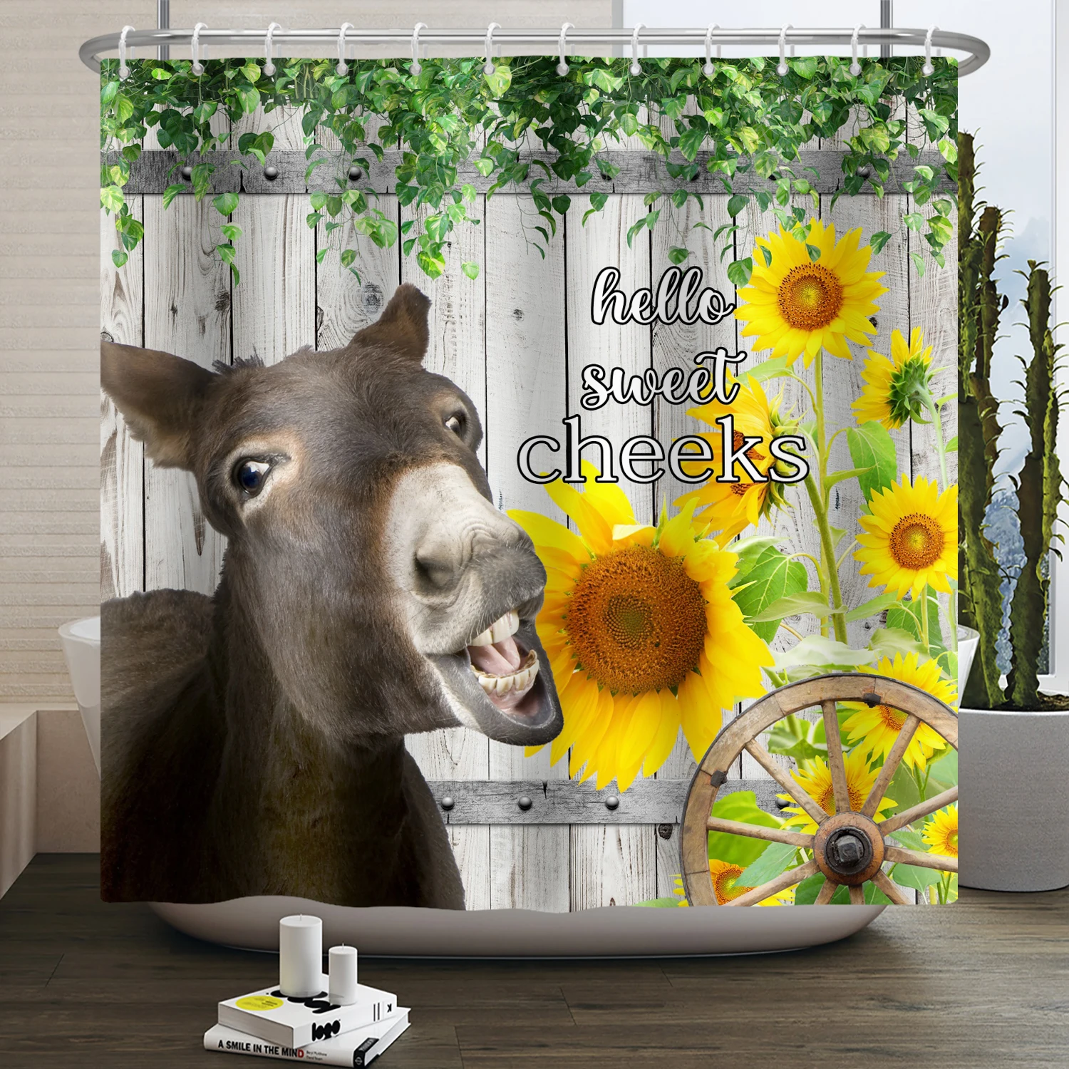 Interesting Donkey Shower Curtains Farmhouse West Animal Retro Wooden Door Sunflower Bath Partition Waterproof Hanging Curtain