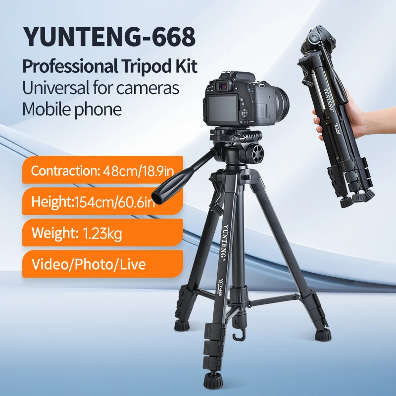 

60-дюймовый стандартный штатив с высокой грузоподъемностью, устойчивая подставка, держатель для телефона, держатель для камеры, вращающийся на 360 градусов гимбал, подходит для прямых трансляций.