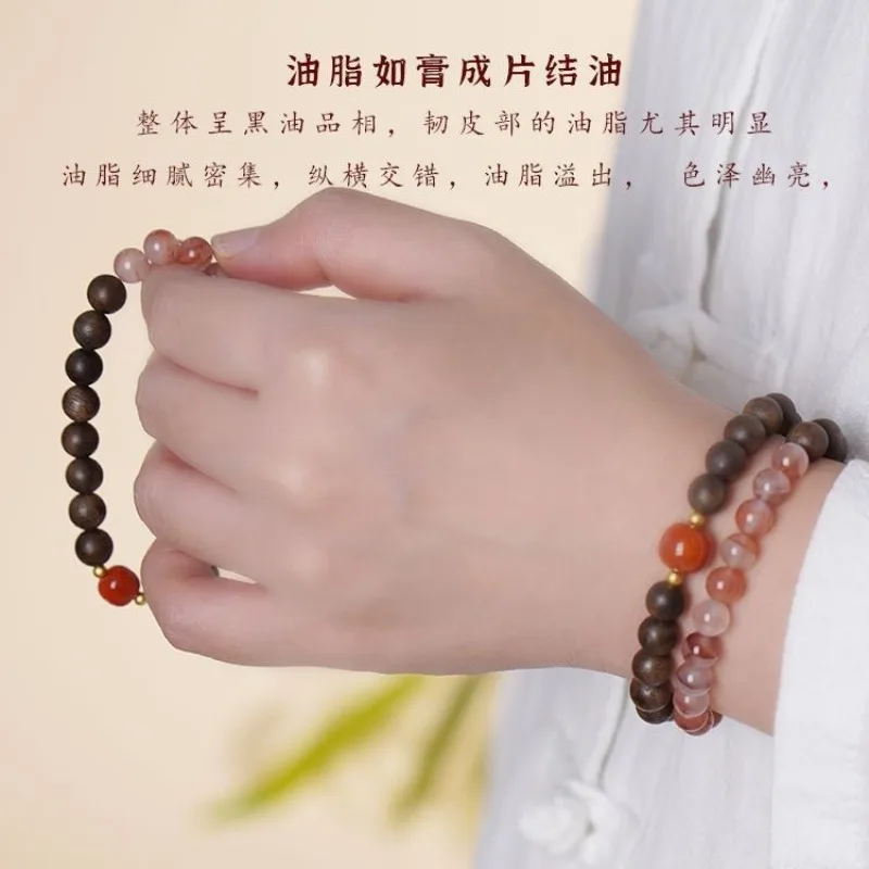 Brunei Agarwood Double Circle Bracelet with Nanhong Agate Natural Oil Rich Elegant Fragrance Stackable Women Jewelry Gifts