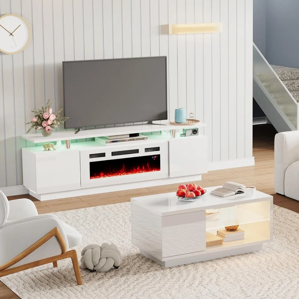 Table basse avec étagères en verre, ensembles de 3 tables, support TV cheminée à 2 niveaux, lumières LED, centre de divertissement multimédia, 70 po