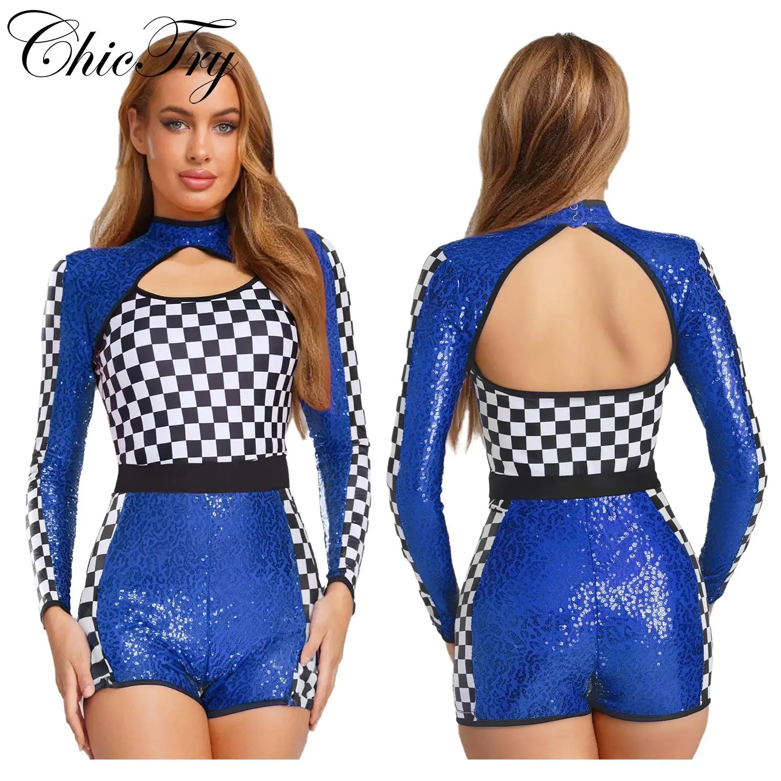 

Womens Car Racing Driver Costume Halloween Cosplay Roleplay Romper Long Sleeve Shiny Sequins Checkerboard Patchwork Jumpsuit