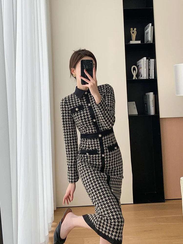 Vintage Houndstooth Knitted Dress Slim Long Sleeve Women Vestidos Spring Elegant Casual Kleid Korean Fashion Maxi Dresses New