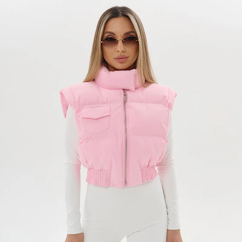 

Pink Zipper Puffer Jackets Vests Women Sleeveless Pocket Bubble Coats High Waist Stand Collar Parka Down Vest Cotton Crop Parkas