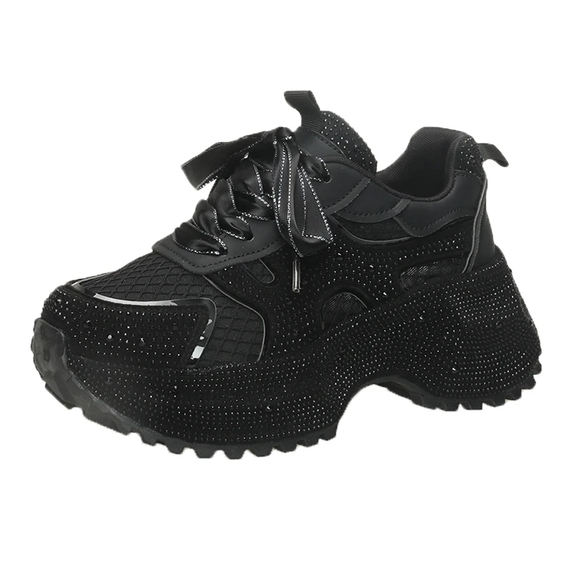 7cm verano diseñador de lujo mujeres papá zapatillas de deporte con diamantes de imitación parte inferior gruesa malla rosa dulce señoras Tenis zapatos de plataforma primavera