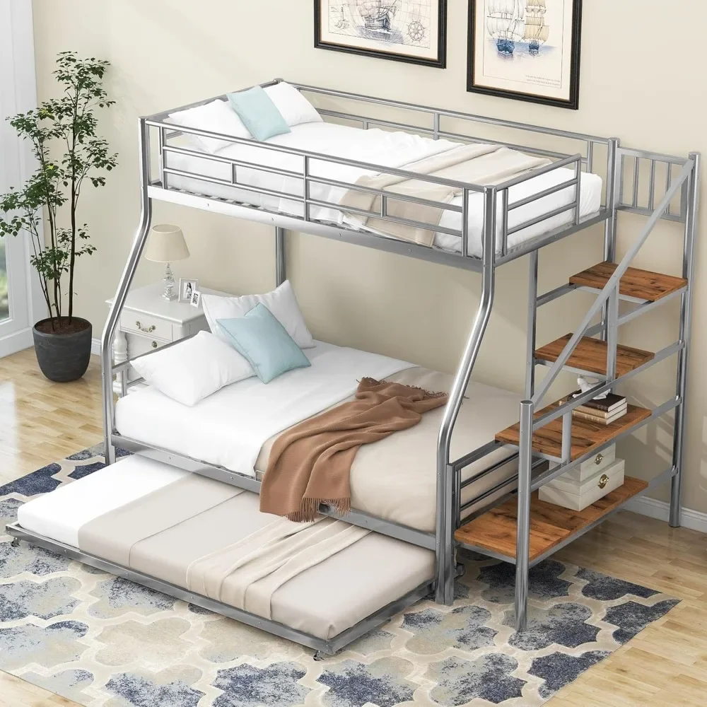 

bed，Metal Bunk Bed Twin Over Full Size with Trundle and Storage Staircase,Heavy Duty Sturdy Frame for Kids & Youths,