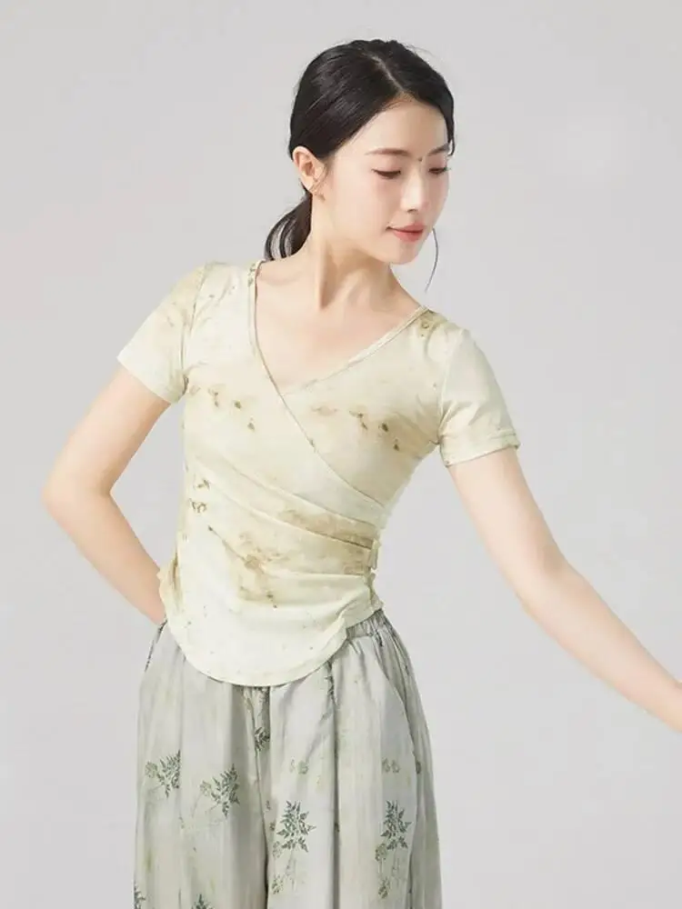 Tie Dye V คอแขนสั้น SLIM FIT Dance TOP ผู้หญิงโมเดิร์นร่วมสมัยบัลเล่ต์แจ๊สฝึก STAGE Performance ศิลปะเสื้อ