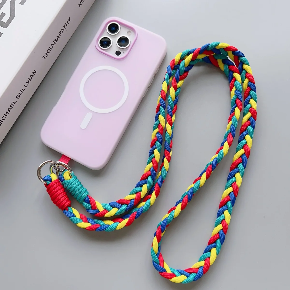Cordón de teléfono de cuatro hebras tejido hecho a mano, cordón cruzado largo + espaciadores de conexión de funda de teléfono, 1 ud.