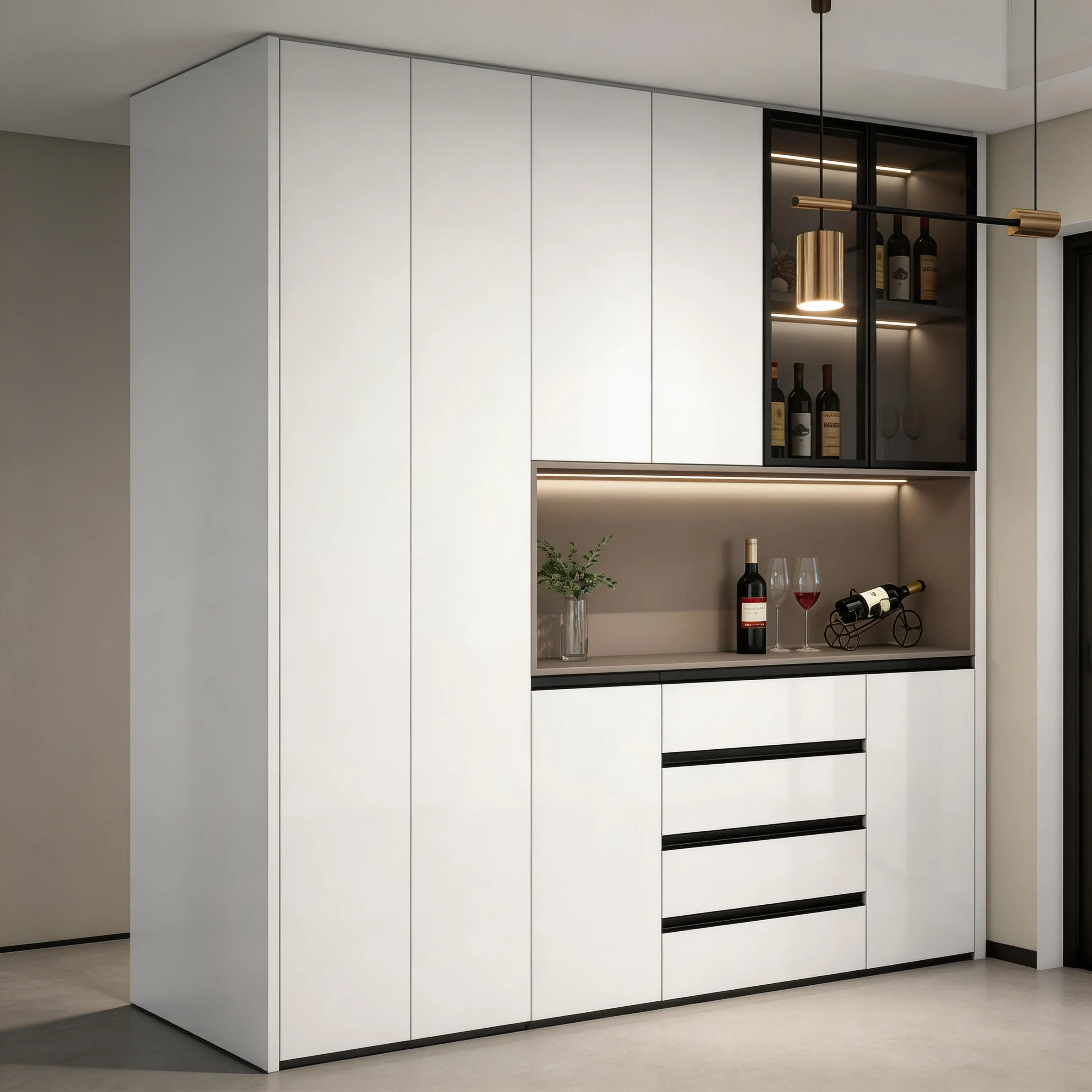 LED Wine Cabinet, Glass Doors, Handleless Drawers, 12-Bottle Capacity, Modern Home Bar Storage, Kitchen Furniture, LED Lighting