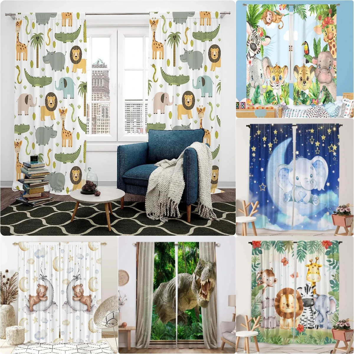 Cartoon Animals Curtains for Girls Boy Baby Safari Animal Thin Window Curtain Living Room Jungle Lion Elephant 3D Print Drapes