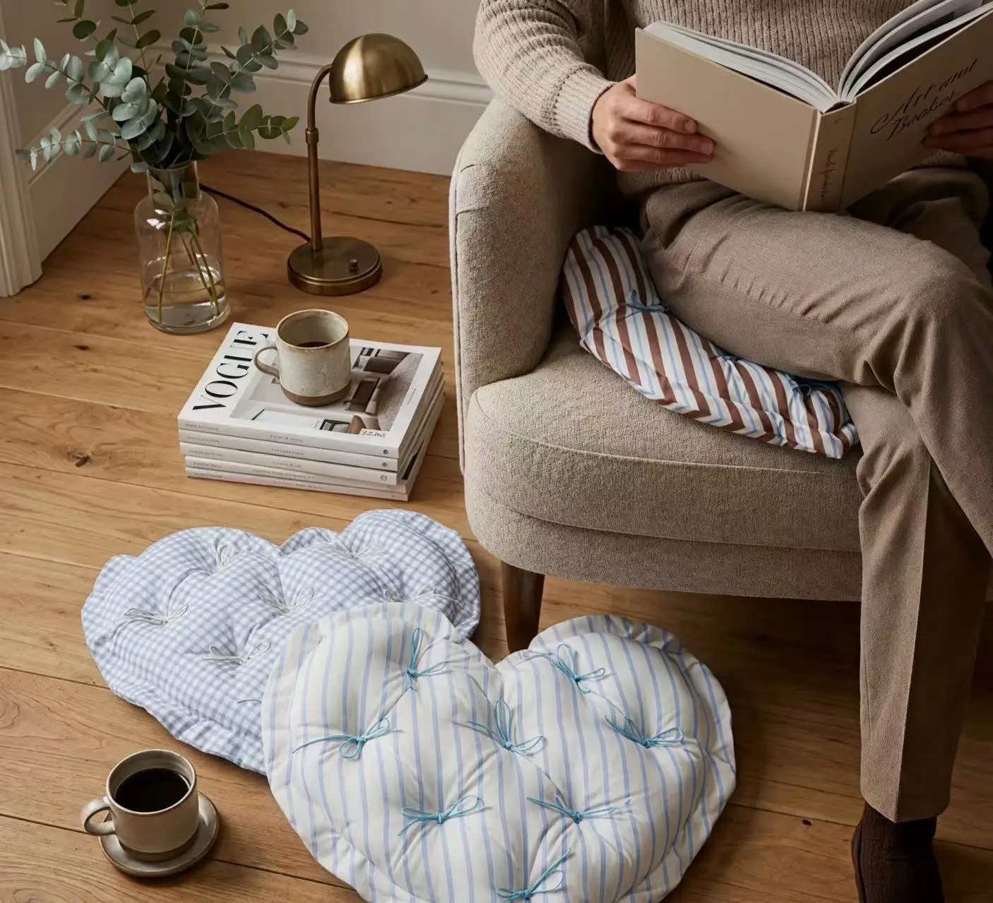 Heart-shaped Gingham Cushion Retro Stripes Pattern Throw Pillow Seat Mat 50x50cm