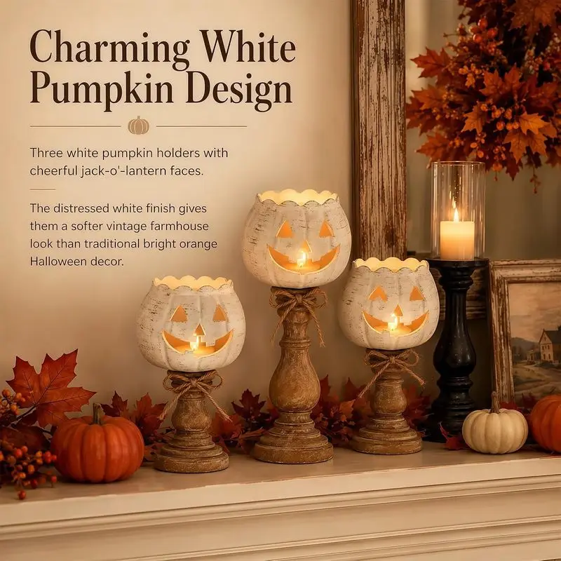 Farmhouse White Jack-O-Lantern Decor Vintage Distressed Light Ornament Halloween Thanksgiving Fall Table Mantel Home Decoration