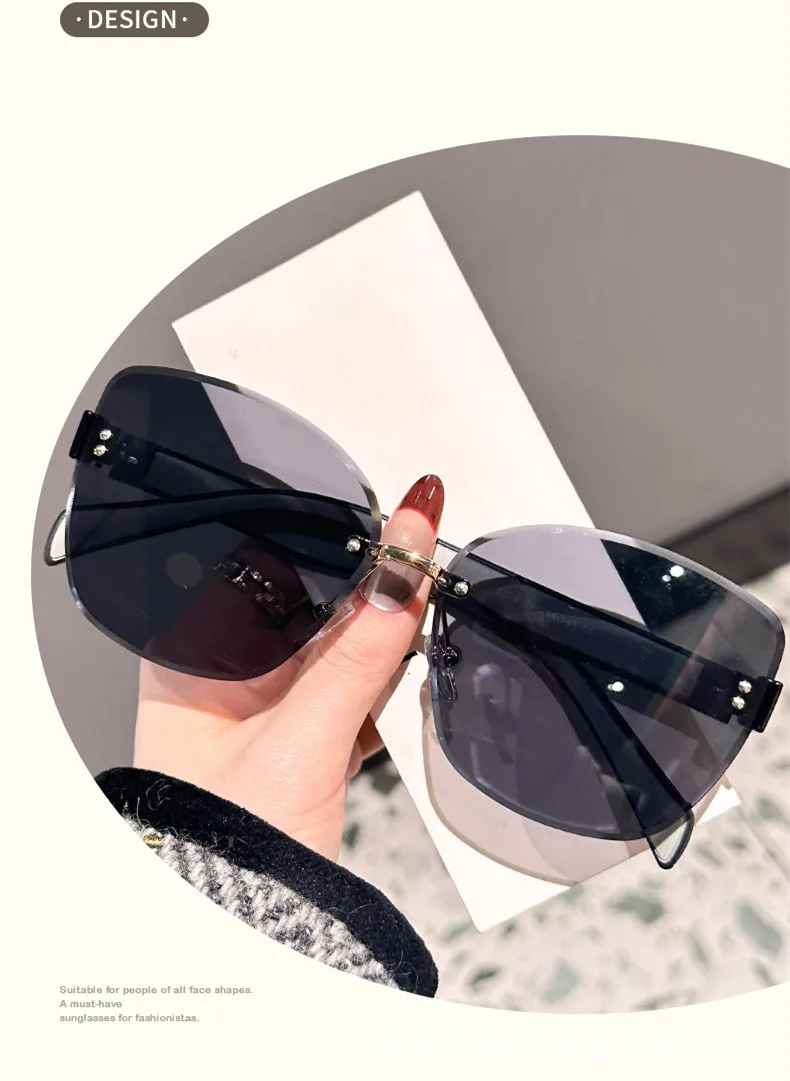 Cat-Eye-Mode-Sonnenbrille mit großem Rahmen, 2025, neuer UV-Schutz, rahmenlos, für Damen, Kantenschneiden, DS-8208 – Detail 2