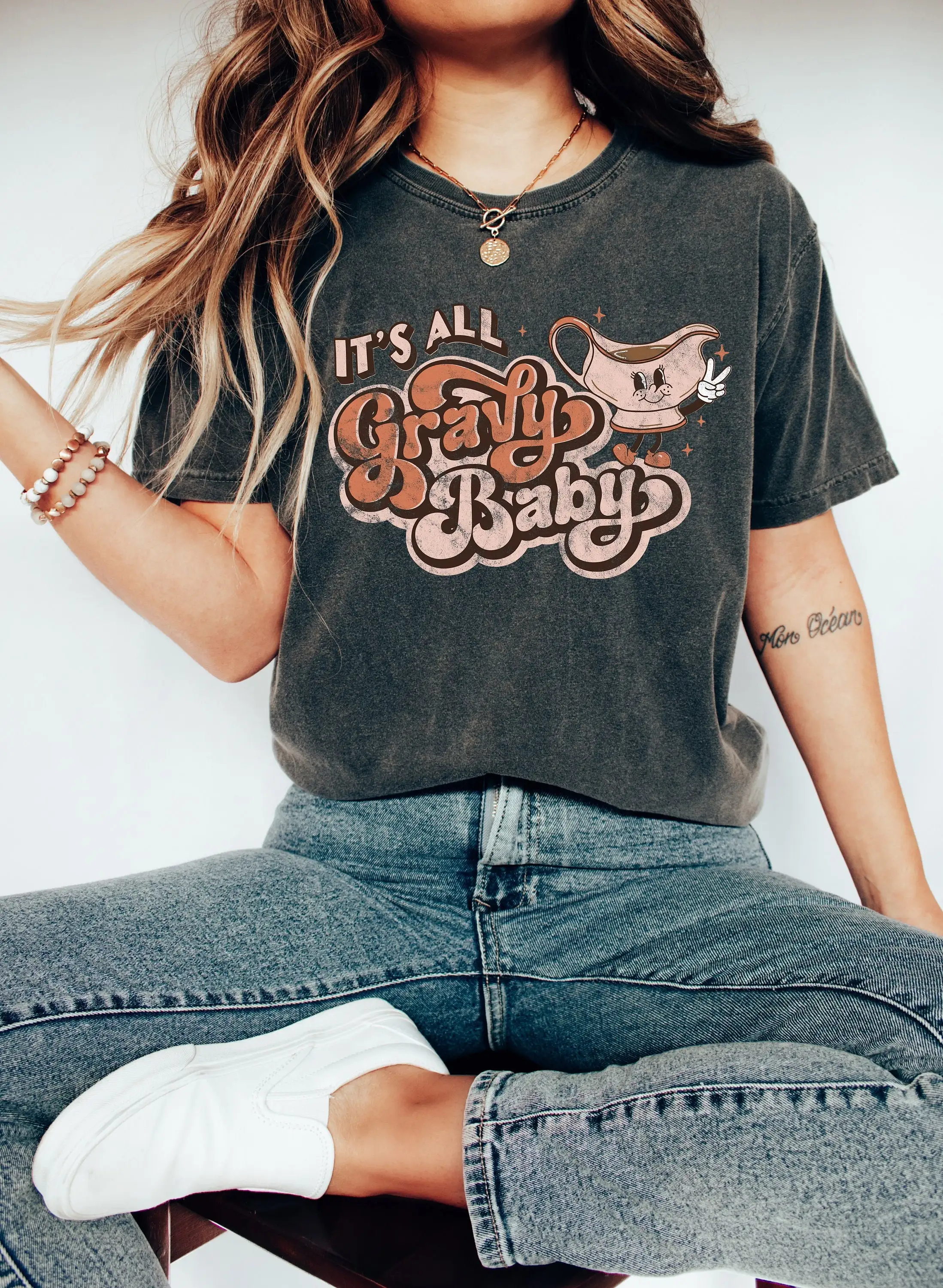 Retro Fall Comfort Colors T Shirt It'S All Gravy Baby Vintage Thanksgiving Pumpkin Witch Autumn