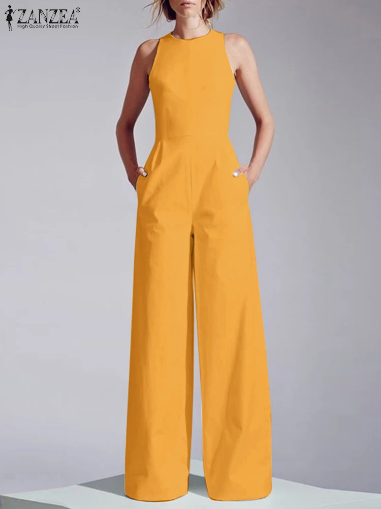 ZANZEA 2023 Summer Wide Leg Pant Playsuit Women Sleeveless Long Jumpsuit Casual Waisted Tank Office Lady Elegant Pocket Overalls