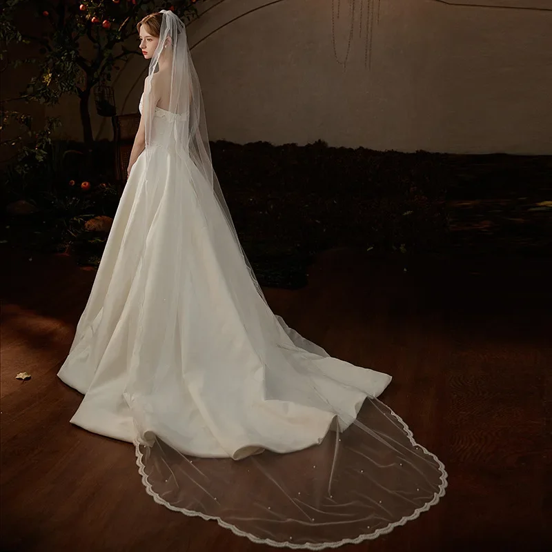 

Single Veil White Lace Pearl Veils Long Train Bridal Tiara