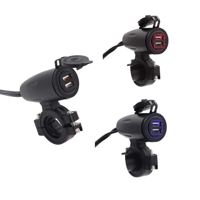 

Universal Motorcycle Dual 4.8A USB Charger Socket Press Switch Waterproof 12-24V For Handlebars Mount