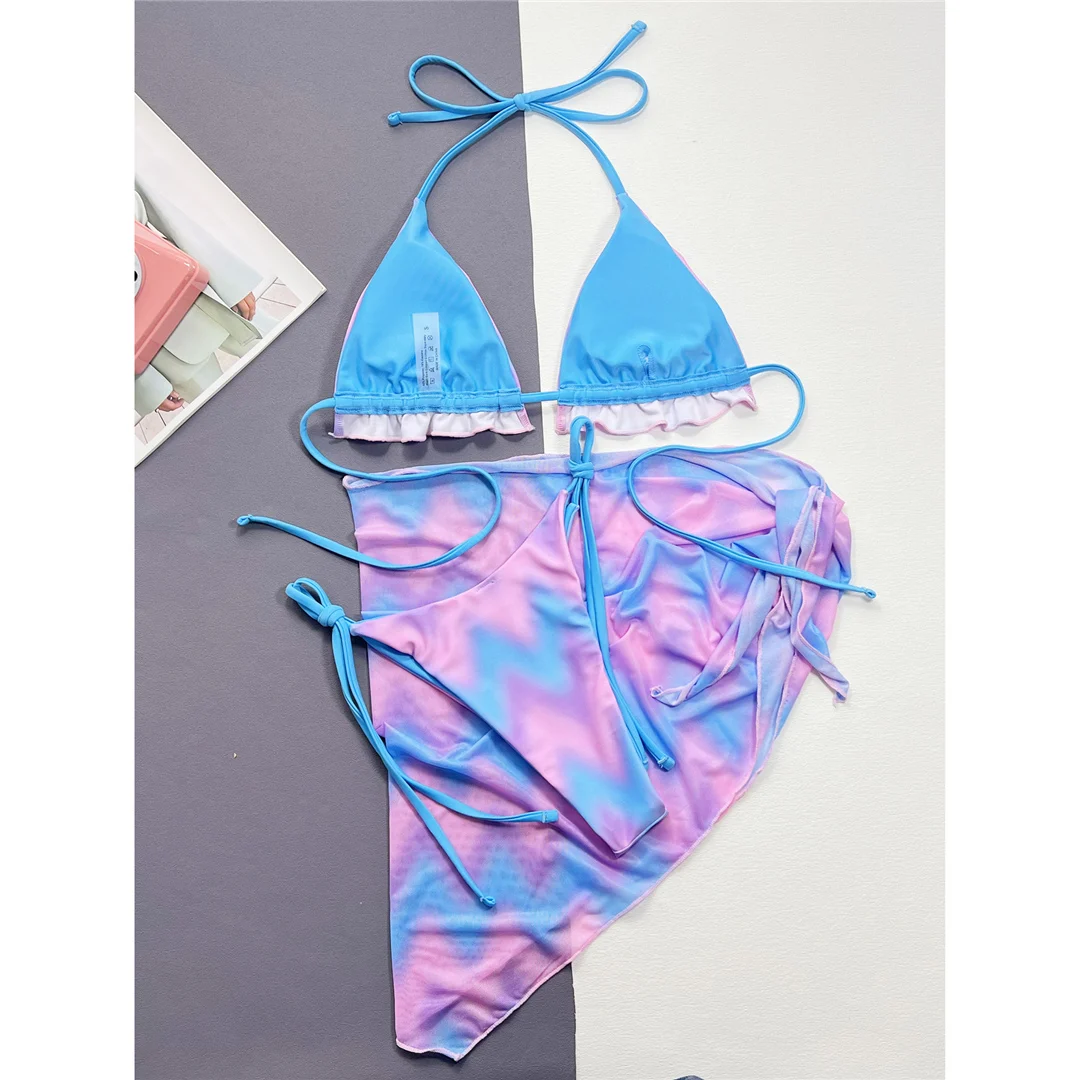 Mit Sarong Halter Tie Dye Bikini Damen Bademode, dreiteiliges Bikini-Set, gepolsterter Badeanzug, Badebekleidung, Schwimmanzug V4571 – Detail 18