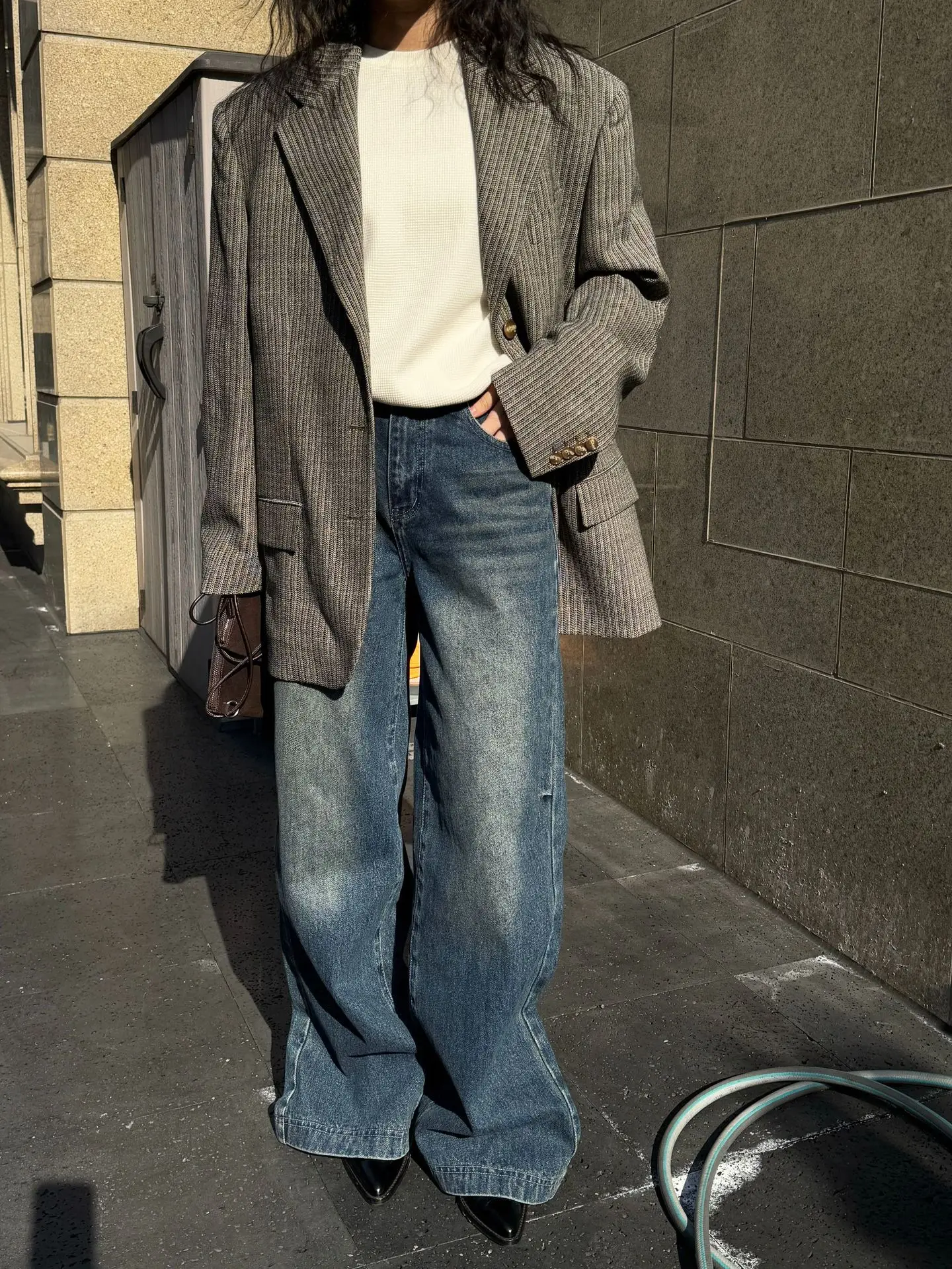 

Classic woman wide straight blue long jeans