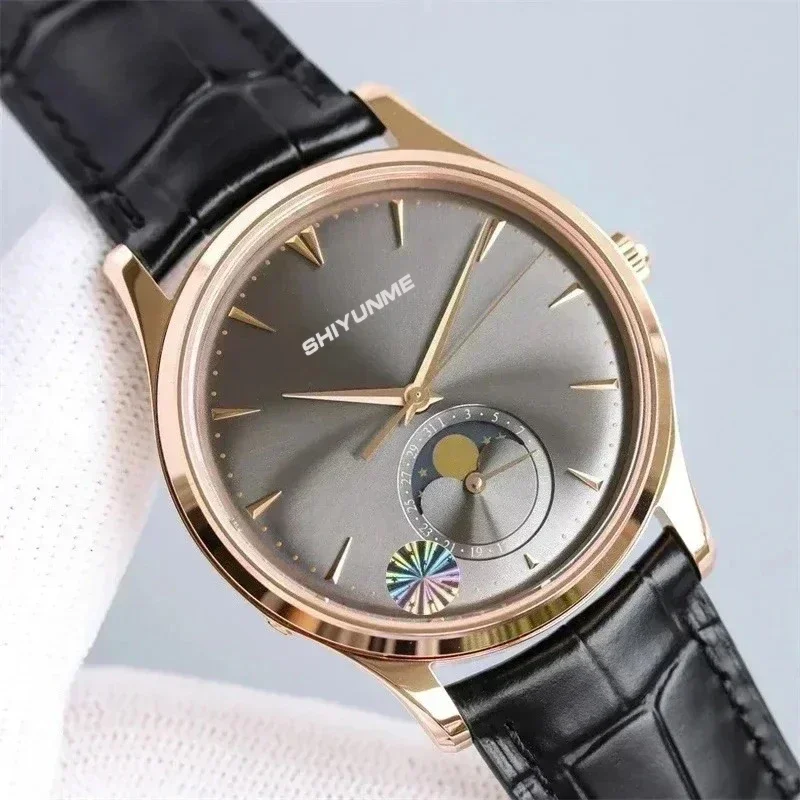 

WATCH1 Store I Спортивные мужские автоматические механические часы из нержавеющей стали черно-синие кожаные MoonPhase