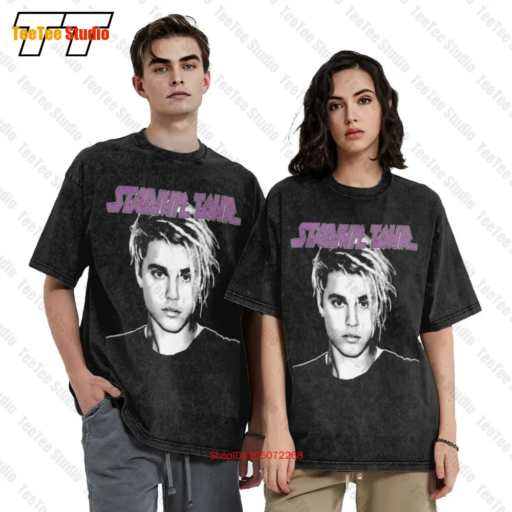 تي شيرت Justin Bieber Stadium Tour Team Vintage كبير الحجم مقاس كبير وجه كبير أسود CTTG