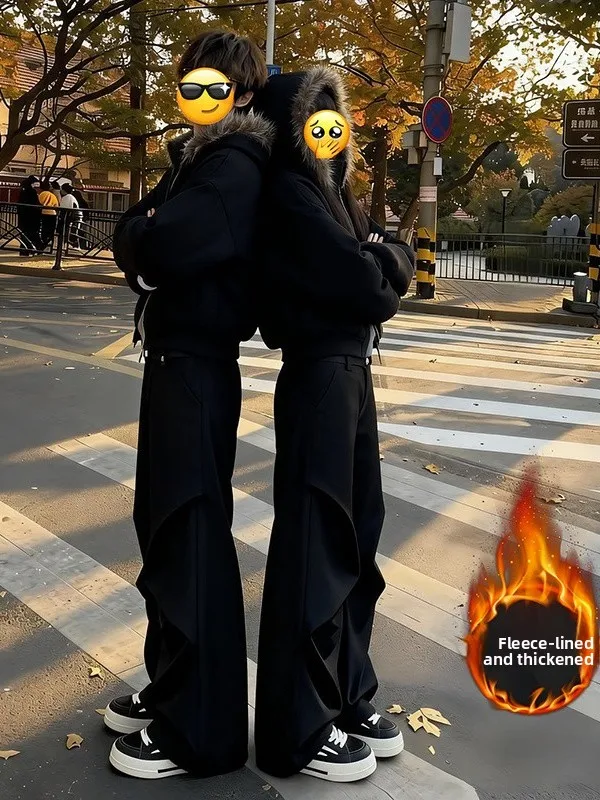 

Men's Fleece Lined Wide Leg Pants Thick Warm Trousers for Winter Straight Casual Fashionable Knife Drapey Loose Fit