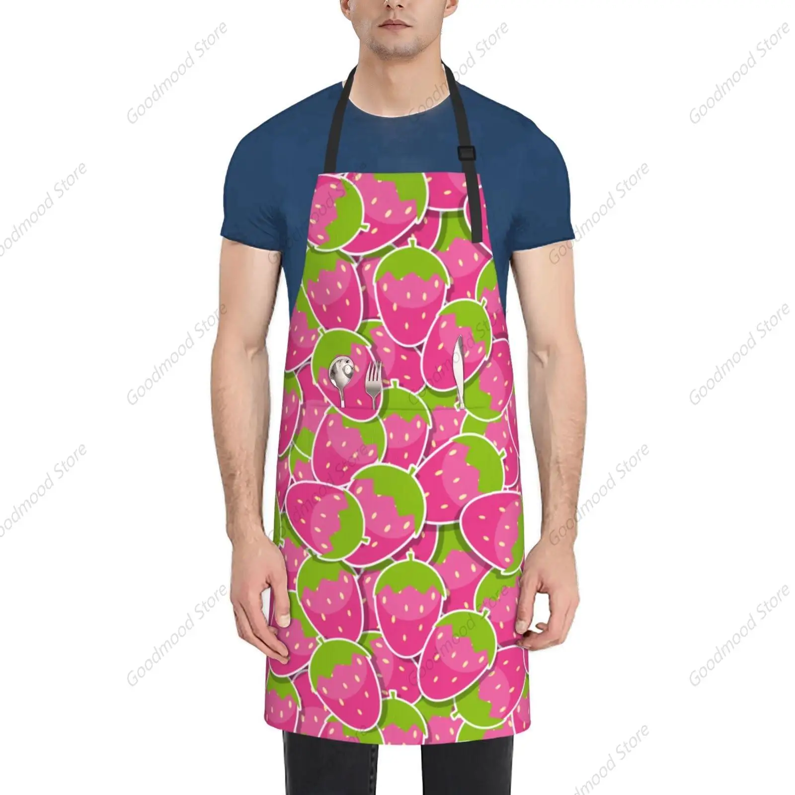 Strawberry Seamless Pattern Apron Adjustable Neck Aprons For Men Women With Pockets Waterproof Aprons For Kitchen Home Apron