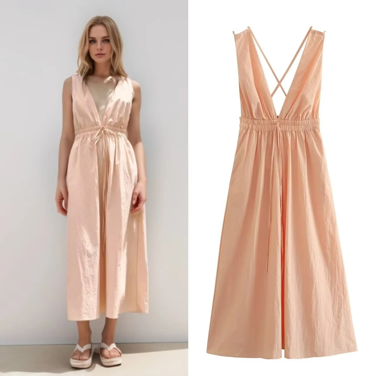 

Women's Dress Summer 2025 New Pink Nylon Mini Dress Sexy V-Neck Open Back Design Personality and Fashion