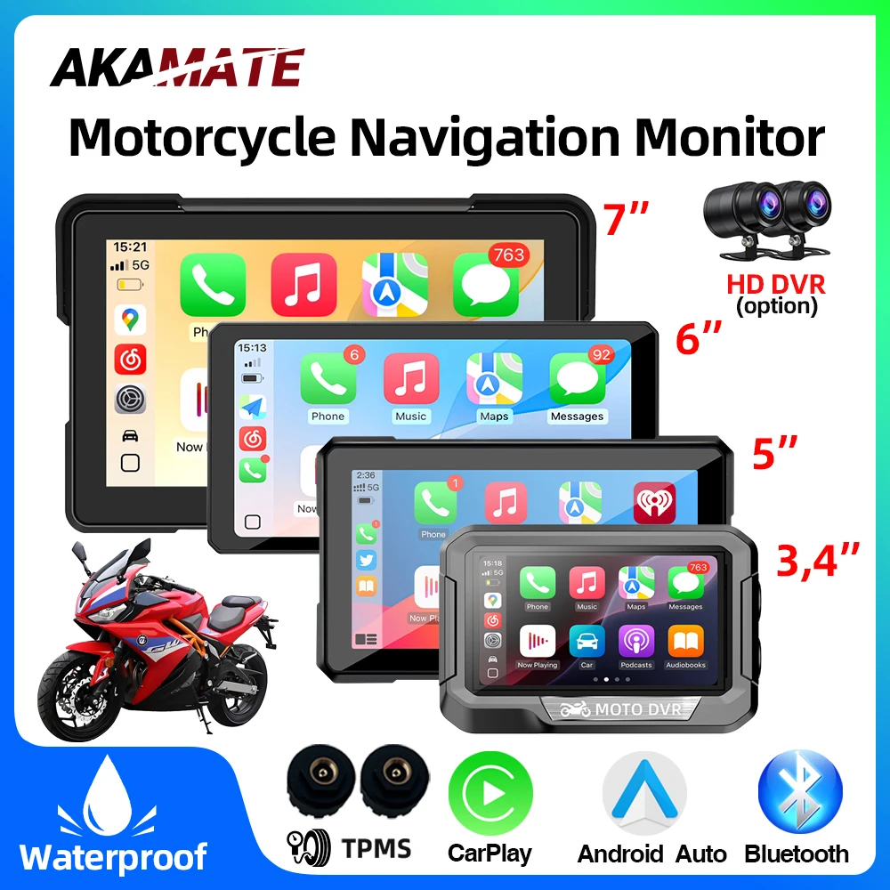 

Motorcycle CarPlay GPS Navigation Monitor Wireless CarPlay Android Auto Portable 3.4" 5" 6" 7" Waterproof IPS Screen Bluetooth