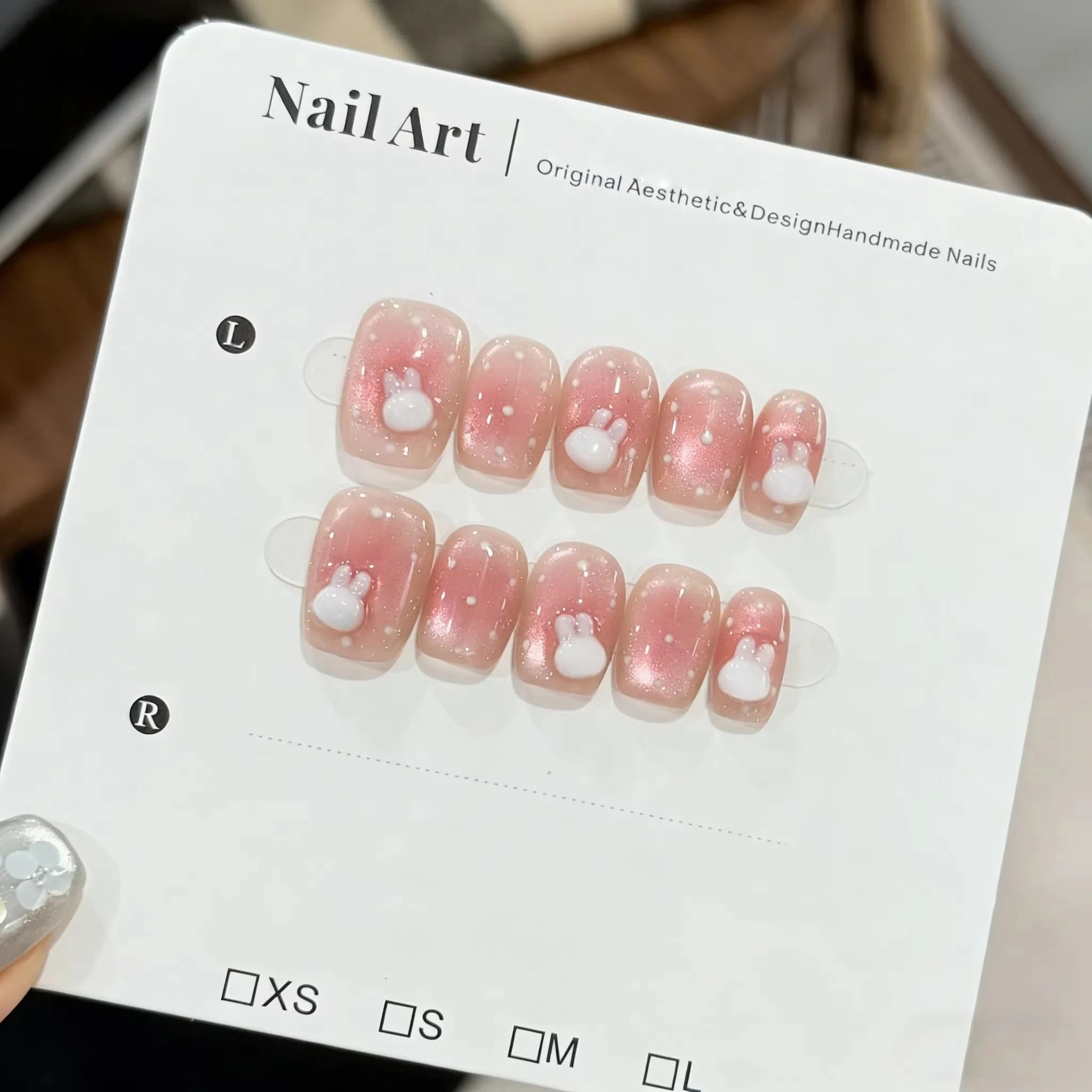 10pcs 3D Rabbit Handmade Nails Polka Dot Cat-Eye Blush Gradient Press on Nail Short Square False Nail for Women&Girl Fake Nail