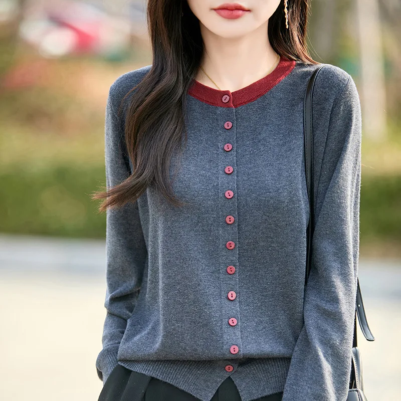 

Spring New Color-blocked Round Neck Knitted Cardigan Short Women's Coat Loose Sweater Outer Layer