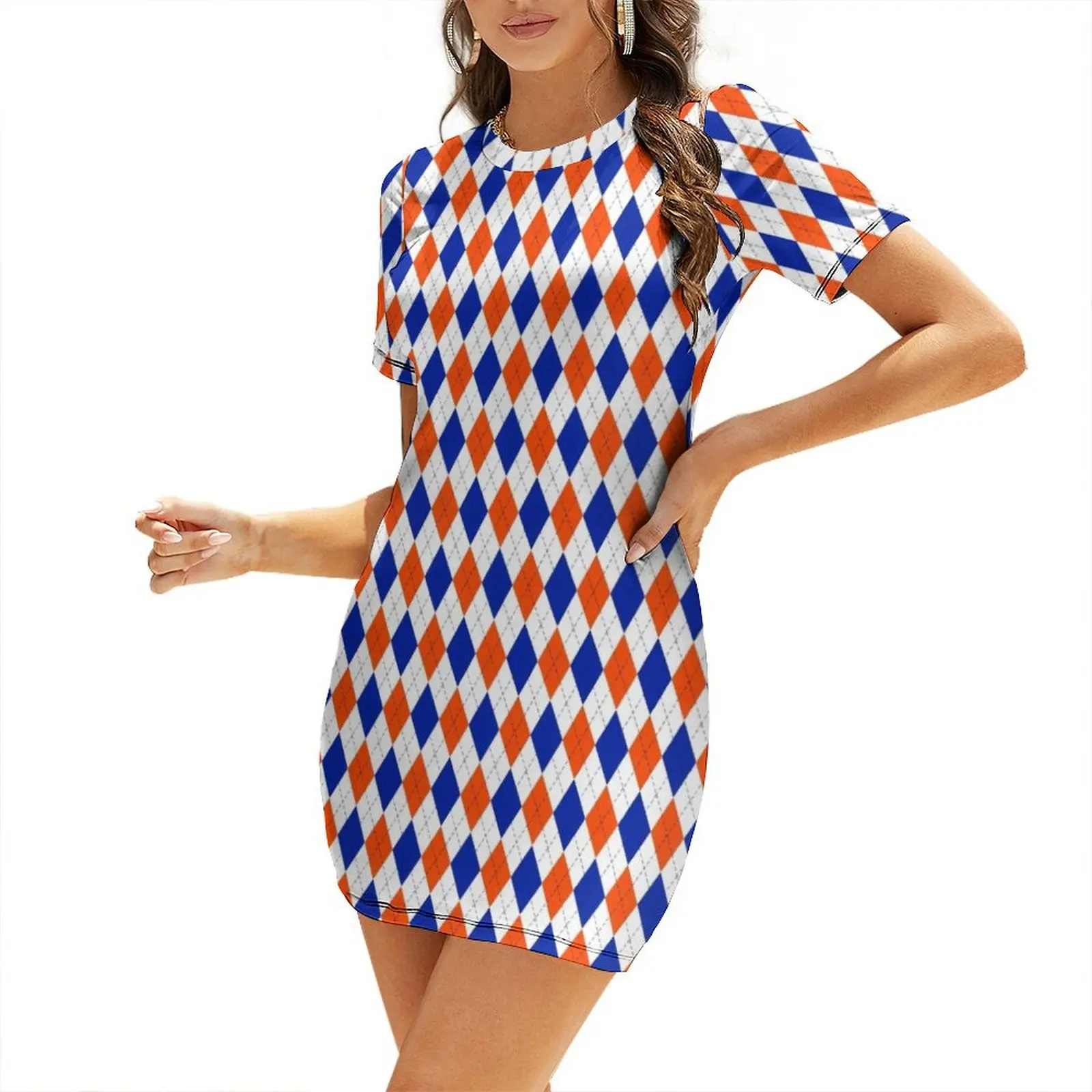 Orange and Blue Traditional Argyle All Over Print Short Sleeved Dress wedding dresses for parties women evening dress