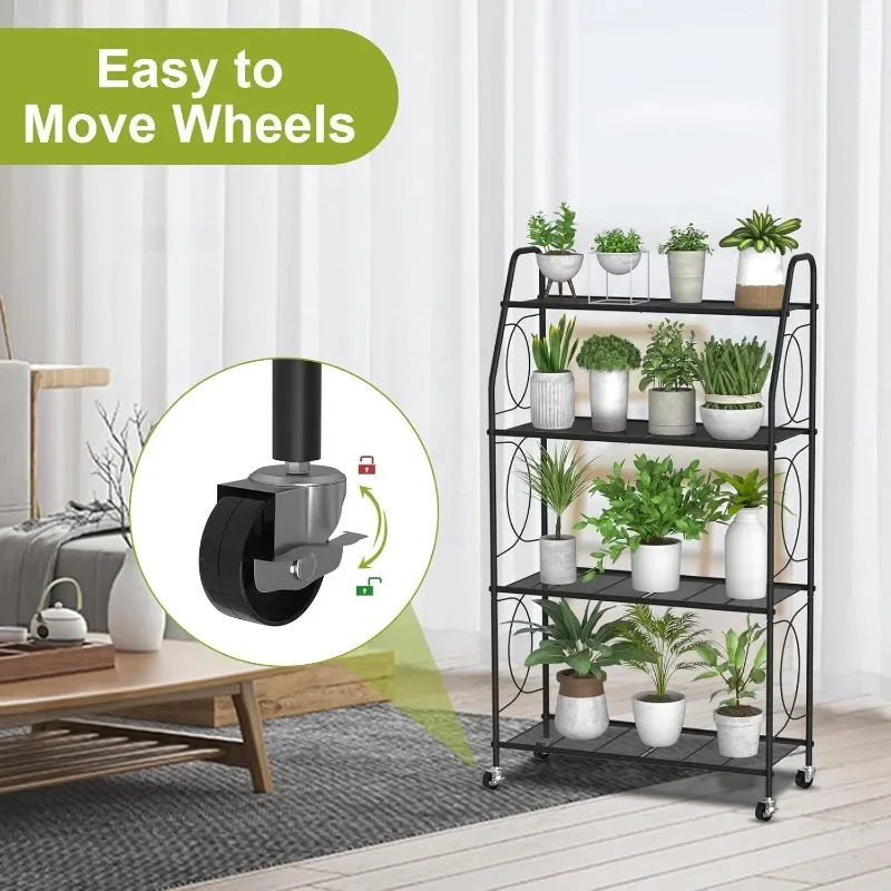 Plant Stand with Wheels, Plant Shelf for Indoor Outdoor, Heavy Duty Metal Tall Plant Stands Holder Rack