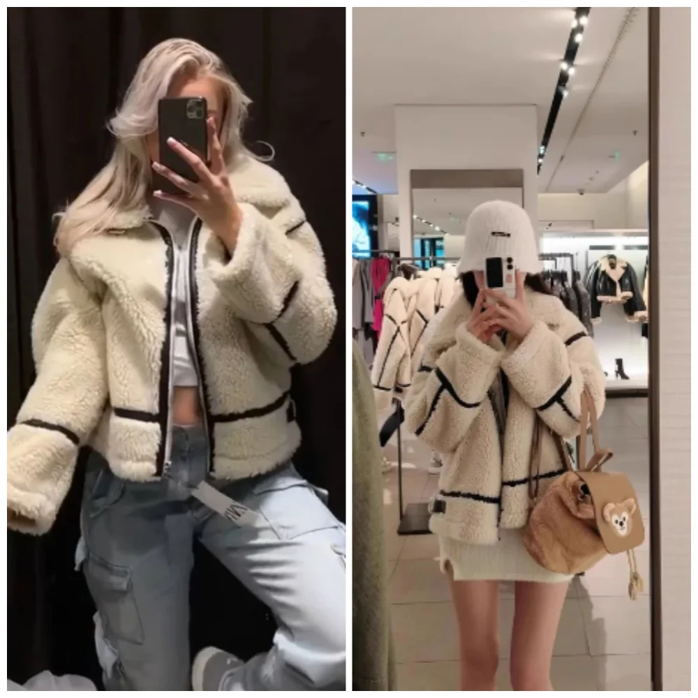 Autumn/Winter Patchwork Fluffy Jacket European/American Style Casual Lamb Wool Warm New Fashion Zipper Pocket Women\'s Coat