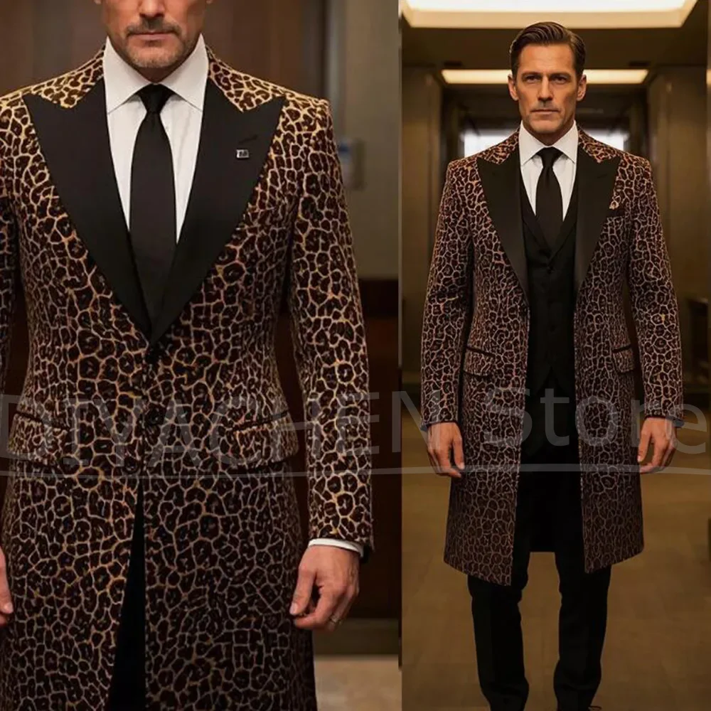 Men's Velvet Leopard Suit Set 3 Piece Stylish Peak Lapel Single Breasted Outfit Formal Party Stage Performance Long Tuxedo