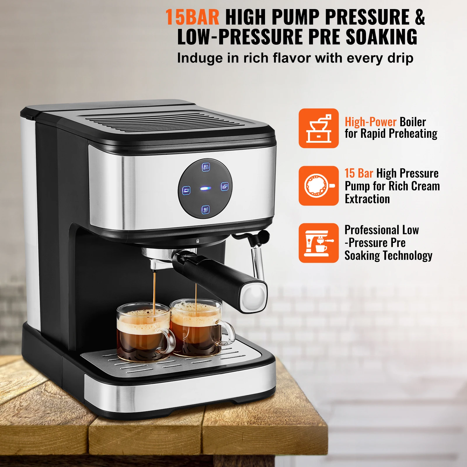 SucceBuy Эспрессо-машина, 15-барная кофеварка и эспрессо с паровой палочкой для вспенивания молока, профессиональная полуавтоматическая кофемашина