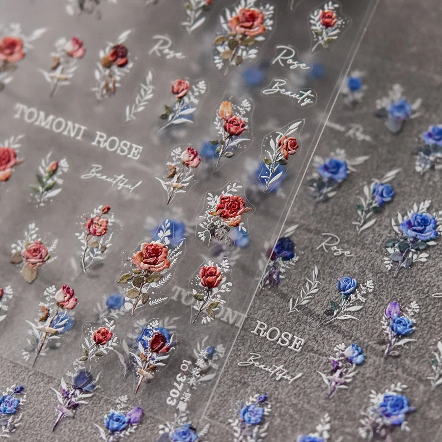 Vintage Red & Blue Rose Flower Laser Gold Silver Nail Stickers Nail Art Decal Design Manicure Tool High Quality