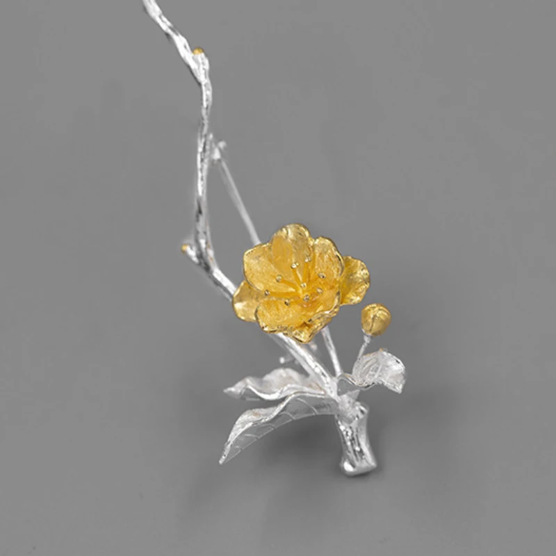 Original design 925 silver glossy art plum blossom flower brooches for women vintage cheongsam Hanfu broche banquet jewelry