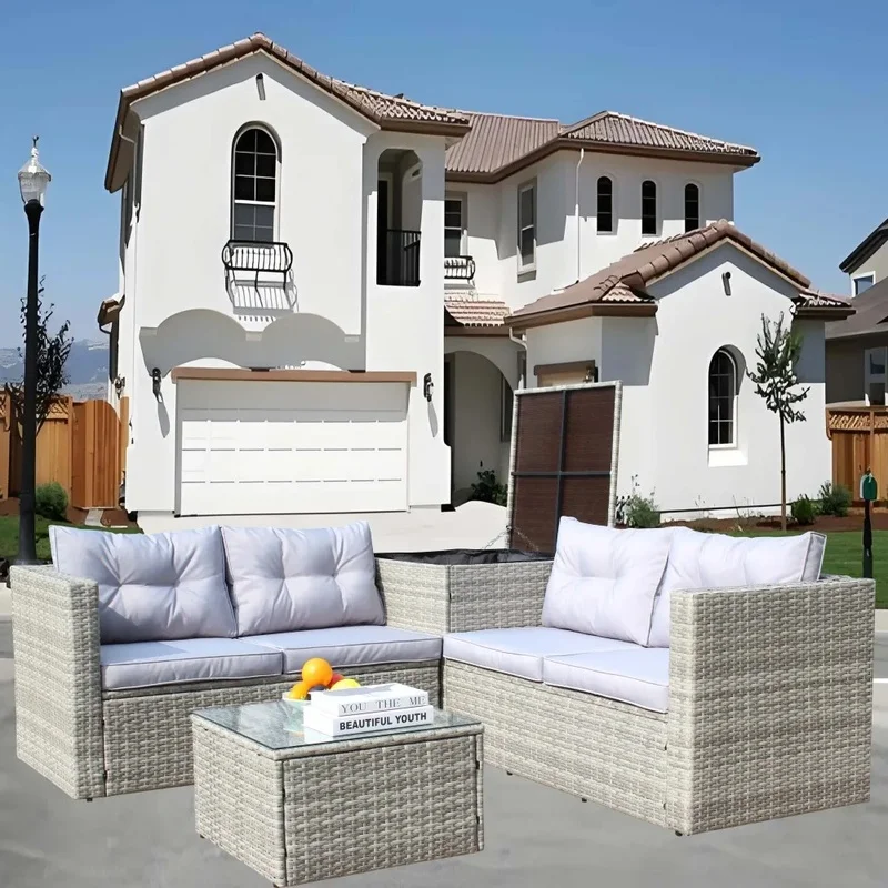 

4 Piece Outdoor Patio Sectional Sofa Set with Storage Box in Grey Wicker Rattan Furniture