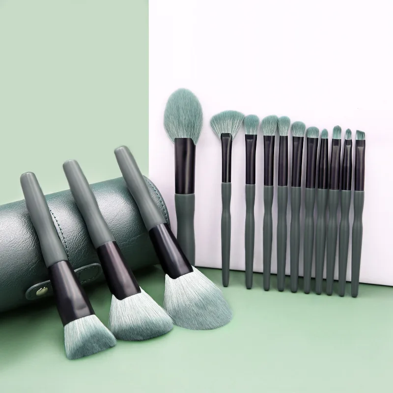 High Quality 14Pcs Dark Green Makeup Brushes Set for Eye Shadow Foundation Powder Eyeliner Eyelash Cosmetict for Face Make Up