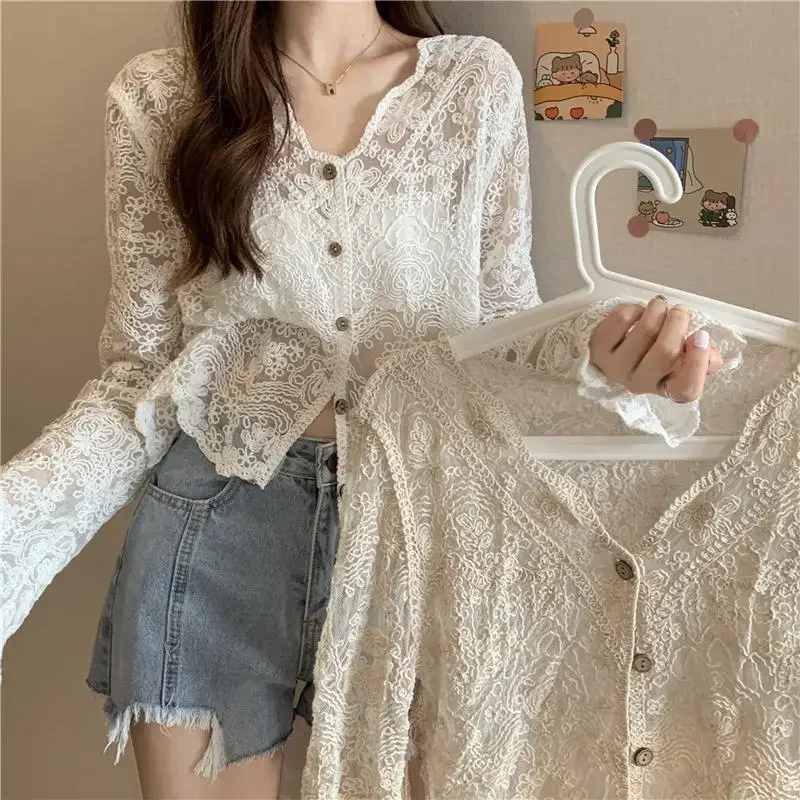 Hollow Mesh Cardigan Knitwear V-neck Solid Lace Long-sleeved Openwork Button Bell Sleeve Top Cover-ups Blouse Women Cardigan