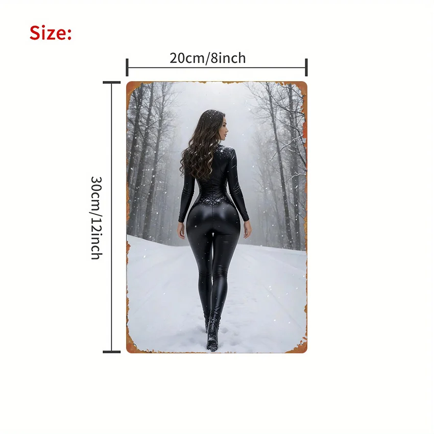 Vintage 2D Flat Woman in Black Leather Bodysuit Tin Sign - Retro Winter Snowy Forest Portrait Metal Wall Art Decor for Bedroom,